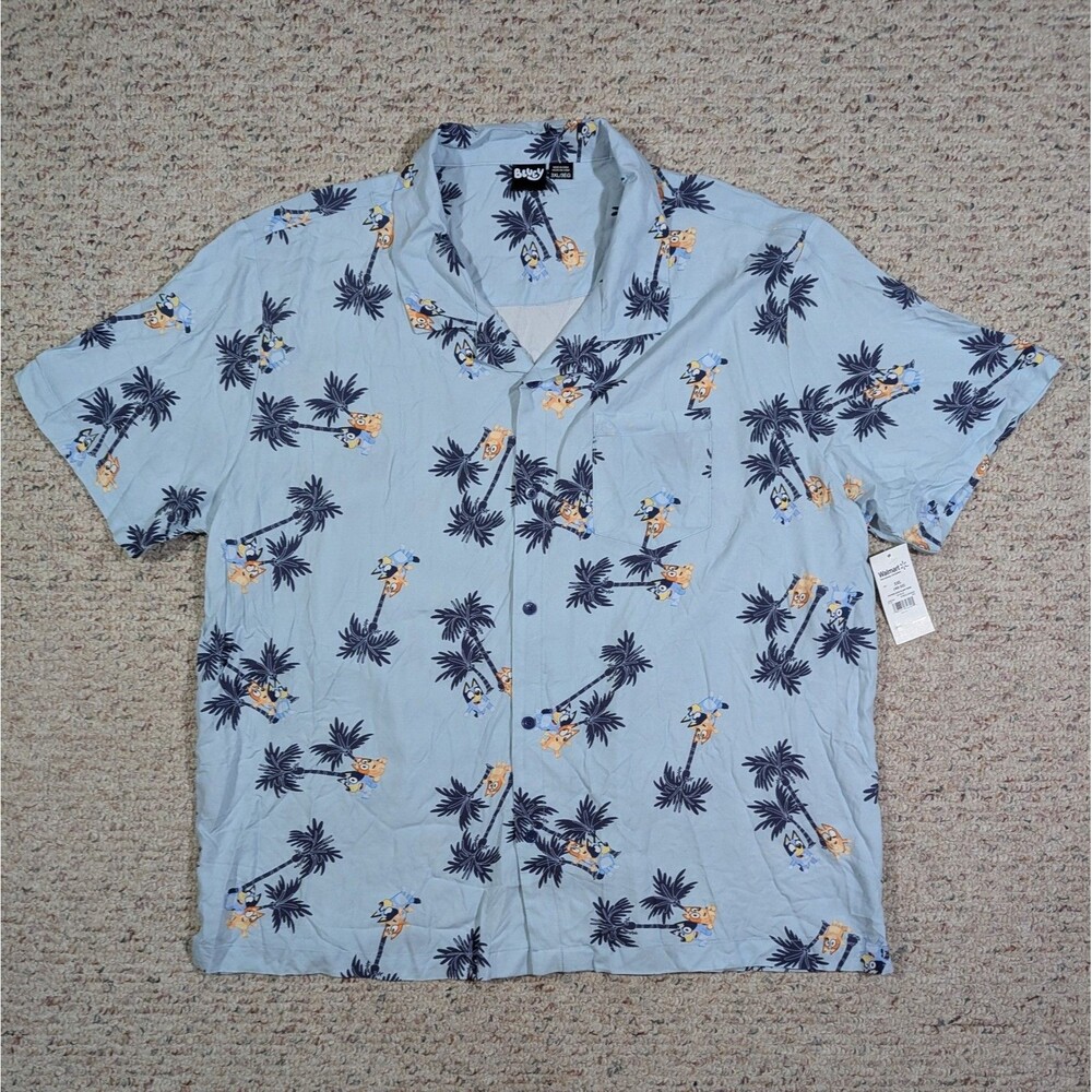 Bluey Hawaiian Camp Shirt 3XL (48-50) Blue Rayon Palm Tree Dog Button Up NWT
